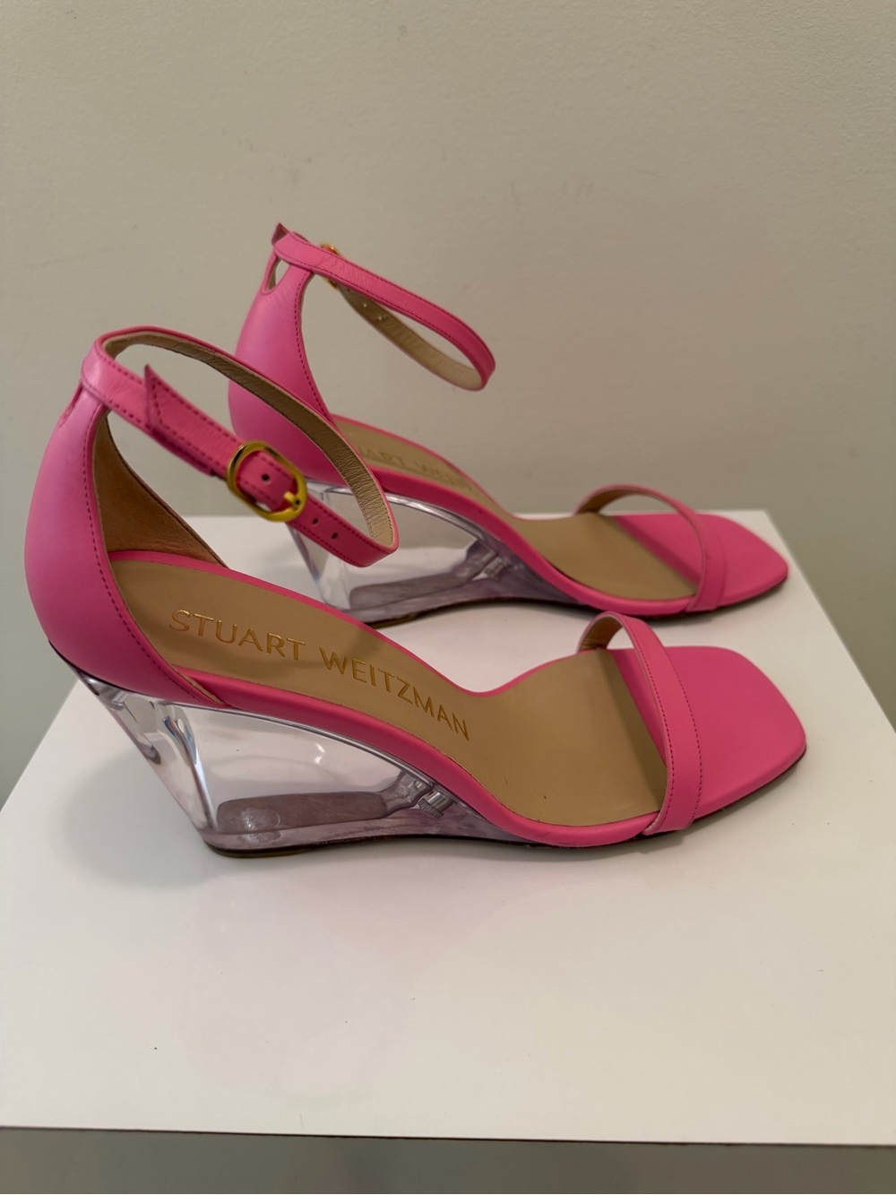 Stuart Weitzman Hot Pink Clear Wedge Ankle-Strap Sandals